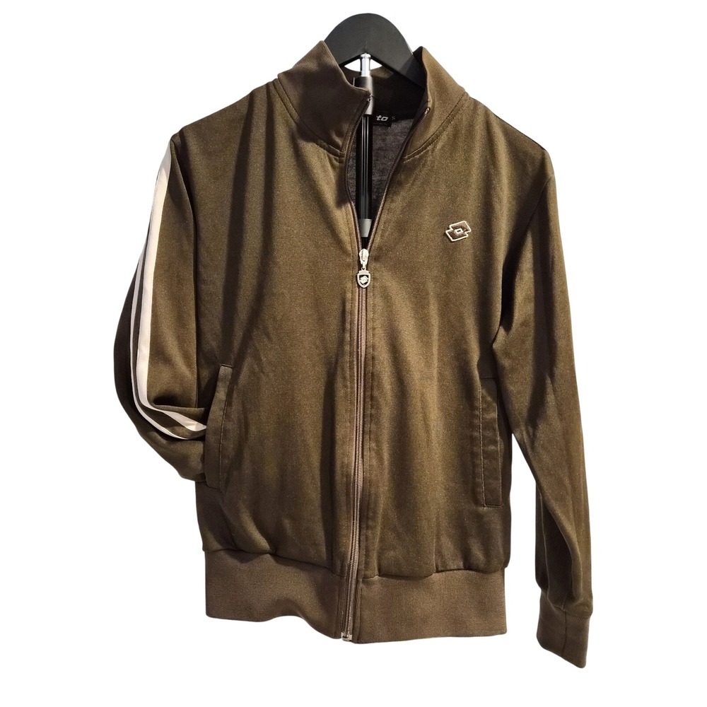 Lotto Italian Sport Design Track Jacket Olive Brown White Stripe Mens Small